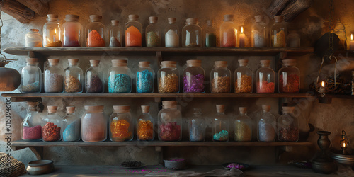 The shelves are stocked with a variety of magical powders and potions.