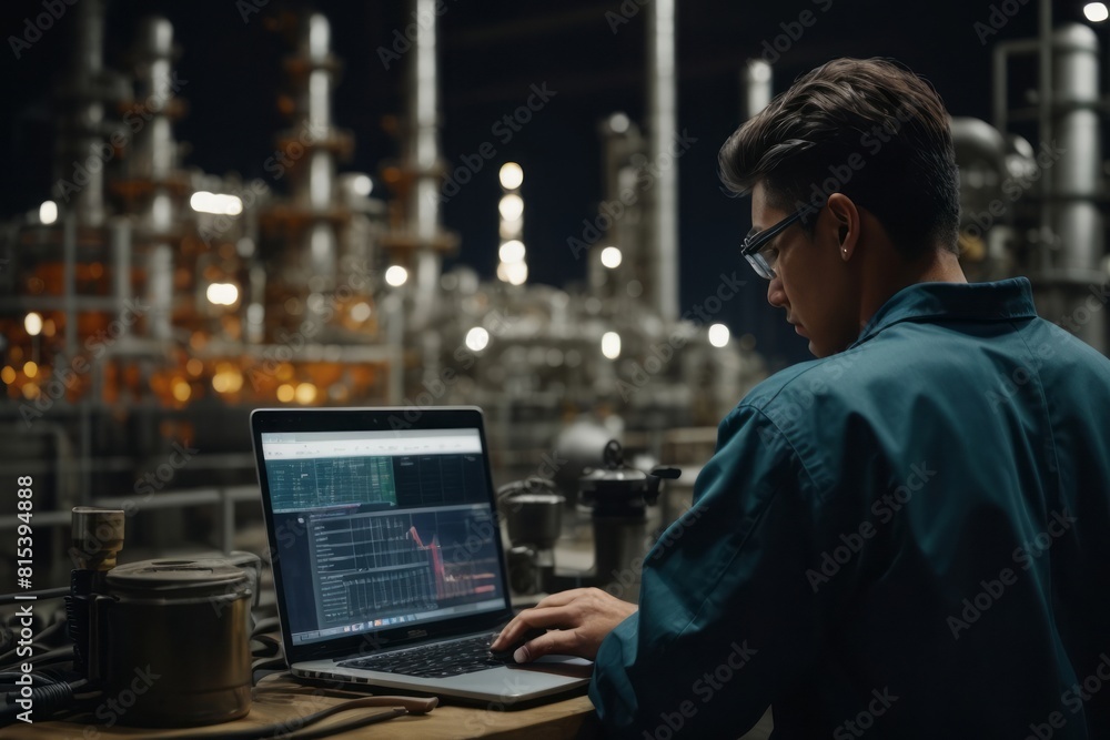 male oil refinery worker using laptop computer for maintenance and performance monitoring. male oil refinery worker using laptop computer for maintenance and performance monitoring.