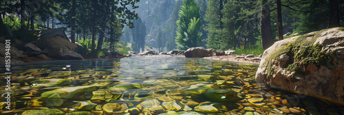 a beautiful mountain stream  clear water flowing over rocks in the foreground  generative AI