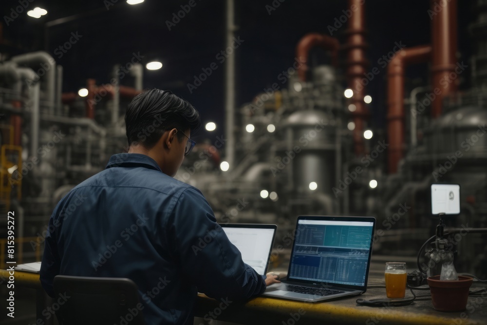 male oil refinery worker using laptop computer for maintenance and performance monitoring. male oil refinery worker using laptop computer for maintenance and performance monitoring.
