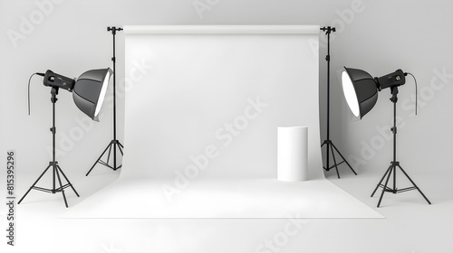 Studio. Vector illustration, photographic studio white backdrop paper roll with lights, nobody, Empty photo studio. Realistic 3D template mock up, Generative Ai