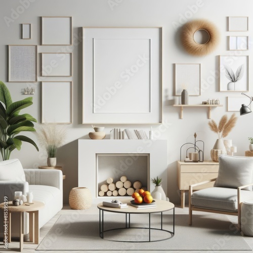 A living room with a template mockup poster empty white and with a fireplace and a picture frame art has illustrative meaning card design.
