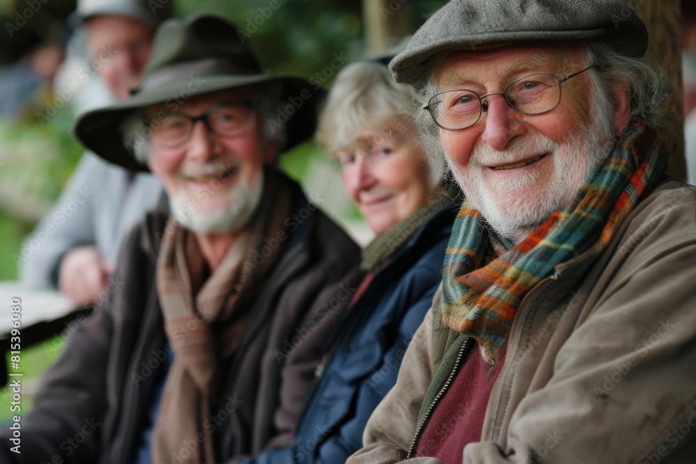 Group of seniors sitting in a row at a table in a park Group of seniors sitting in a row at a table in a park