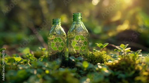 Two green transparent bottles stand in the middle of the dense forest on the background of bright sunlight