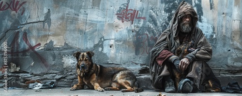 homeless man with two dependable dogs on the street.