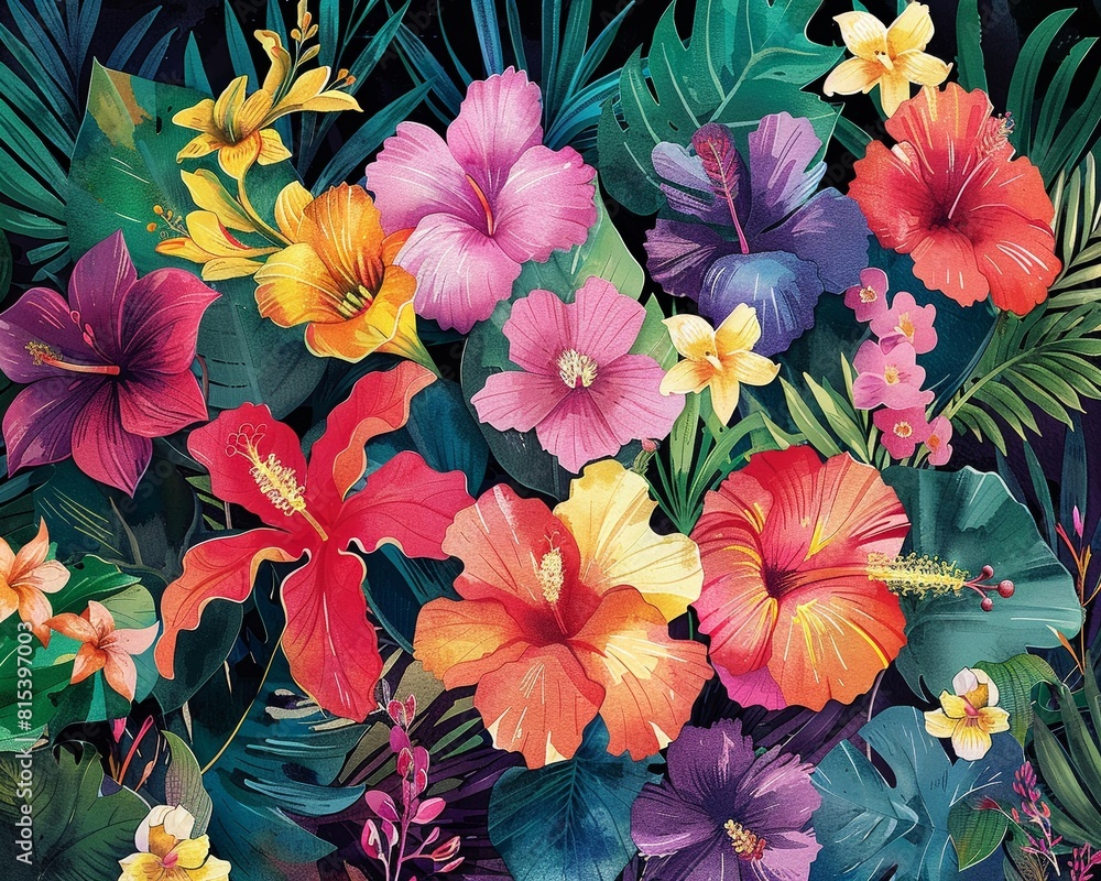 A watercolor wallpaper pattern featuring an array of colorful, exotic flowers with lush natureinspired elements A watercolor wallpaper pattern featuring an array of colorful, exotic flowers with lush natureinspired elements