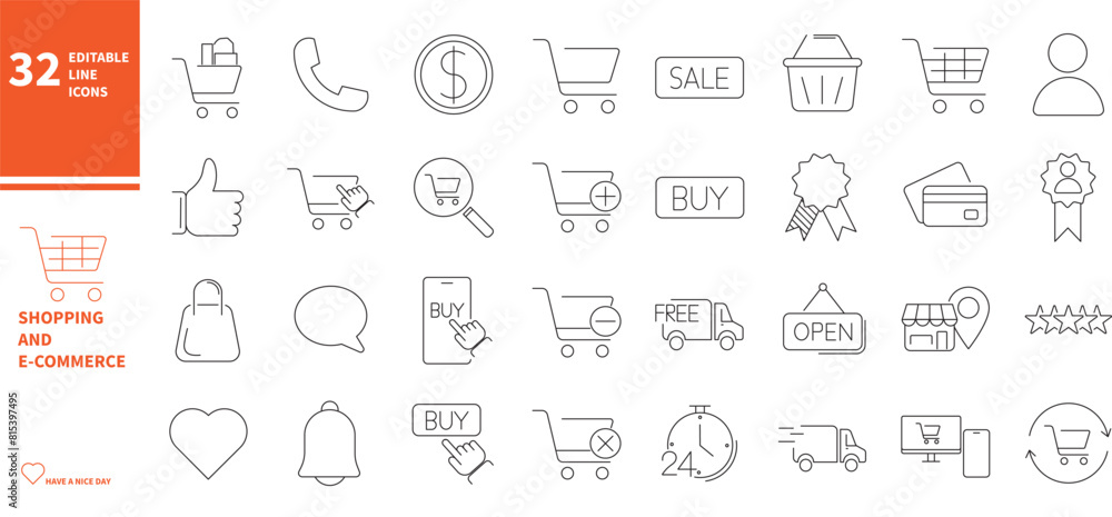 Shopping and e-commerce icon set. Thin line shopping cart, buy and sale icons. Shopping and e-commerce icon set. Thin line shopping cart, buy and sale icons.