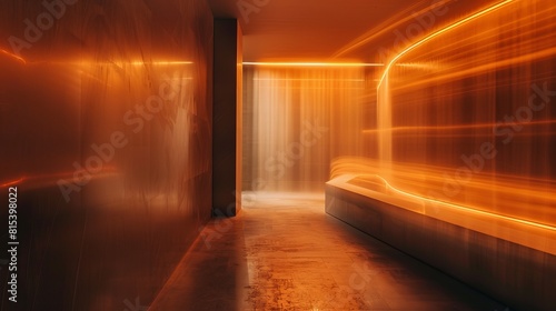 Motion blur photo of a contemporary Ramadan majlis with ambient lighting, low angle cinematic arabesque showroom, dark cove lighting, orange, minimalist, futuristic, and modern.