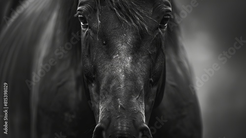 Monochrome photo of a black racehorse  front view  close-up of the head