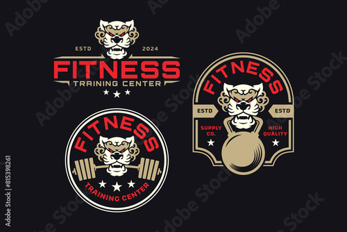 tiger with barbell and kettlebell logo design for fitness, gym, bodybuilding, weightlifting club