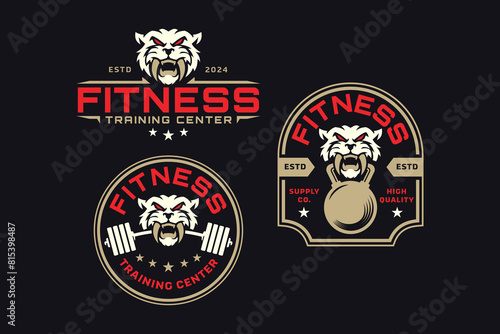 wild tiger with barbell and kettlebell logo design for fitness, gym, bodybuilding, weightlifting club