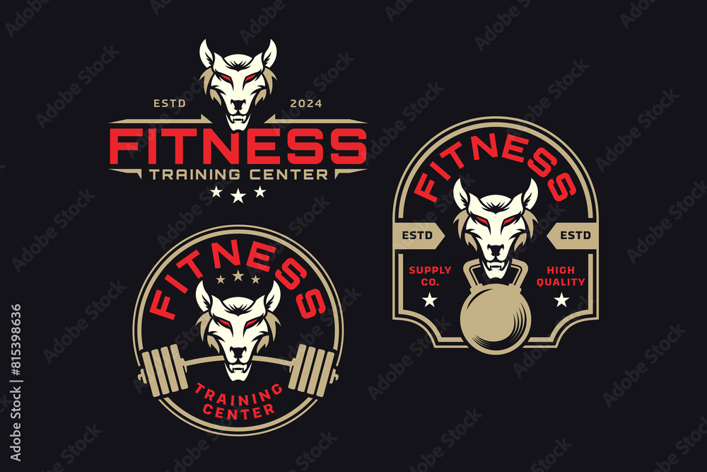 Fototapeta premium wild wolf with barbell and kettlebell logo design for fitness, gym, bodybuilding, weightlifting club
