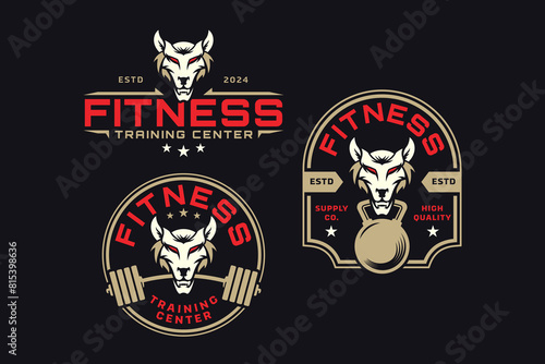 wild wolf with barbell and kettlebell logo design for fitness, gym, bodybuilding, weightlifting club