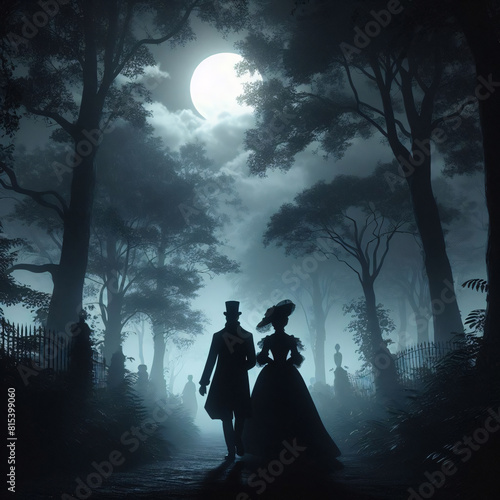 Moonlit stroll of a victorian couple, two lovers walking in the moonlight, a theme motif of austere romanticism