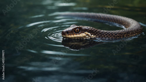 A close up of a snake's head above the waterline with its body submerged.