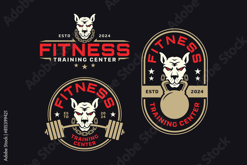 doberman dog with barbell and kettlebell logo design for fitness, gym, bodybuilding, weightlifting