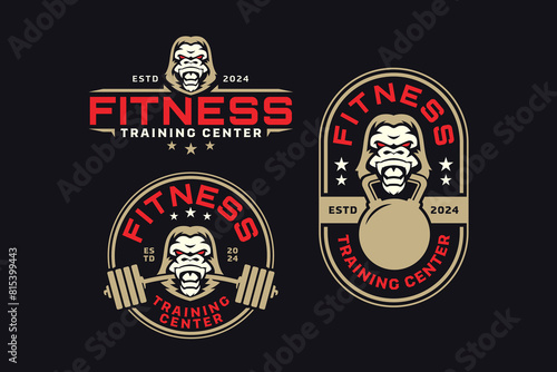 wild gorilla with barbell and kettlebell logo design for fitness, gym, bodybuilding, weightlifting
