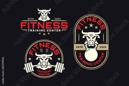 bull with barbell and kettlebell logo design for fitness, gym, bodybuilding, weightlifting