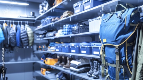 A well-organized storage room filled with various outdoor and camping gear  including backpacks  jackets  boots  and storage bins. This neatly arranged and visually appealing setup is perfect for them