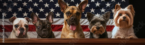 Pictures of dogs as candidates for election against a background of the American flag.