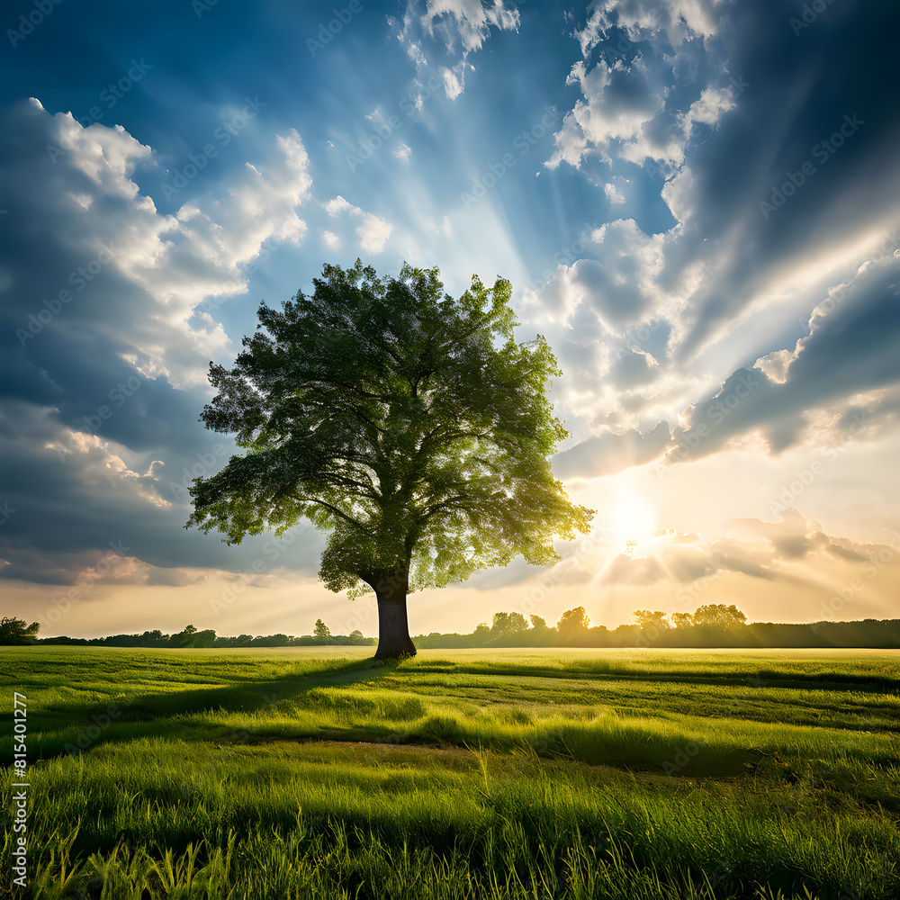 Obraz premium A lone tree stands in a beautiful rural landscape with a clear blue sky