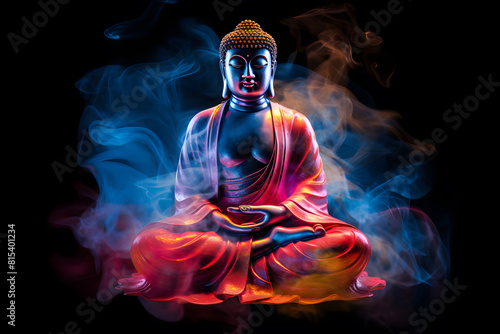Buddha statue meditating amidst smoke and lights Gives a spiritual and fantasy feel.