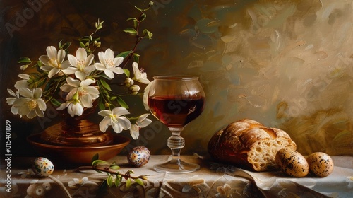 Easter Communion captured in a serene depiction featuring a chalice filled with wine and a loaf of bread