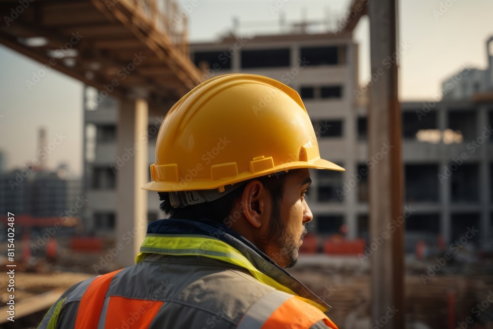 back view construction engineer wearing hat and safety suit at construction building site back view construction engineer wearing hat and safety suit at construction building site