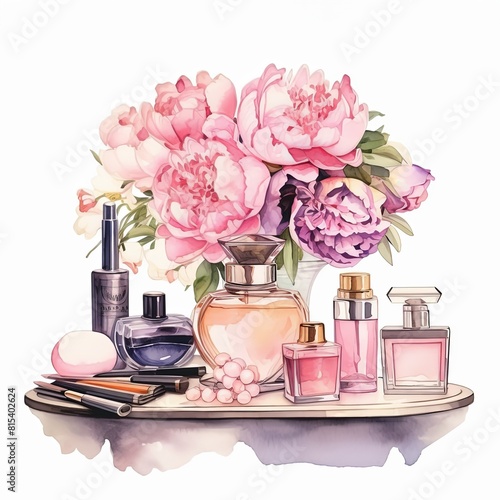 A luxurious scene of a glamorous vanity table, adorned with vintage perfume bottles and lush peonies, captured in stunning hyper-realistic watercolor illustration.