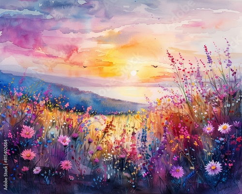 A watercolor scene depicting a colorful, blooming orchard with soft, natural elements and a serene background