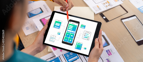 Panorama banner of startup UX developer or company employee design user interface or UI prototype for mobile application or website software with software display on tablet screen in office. Synergic