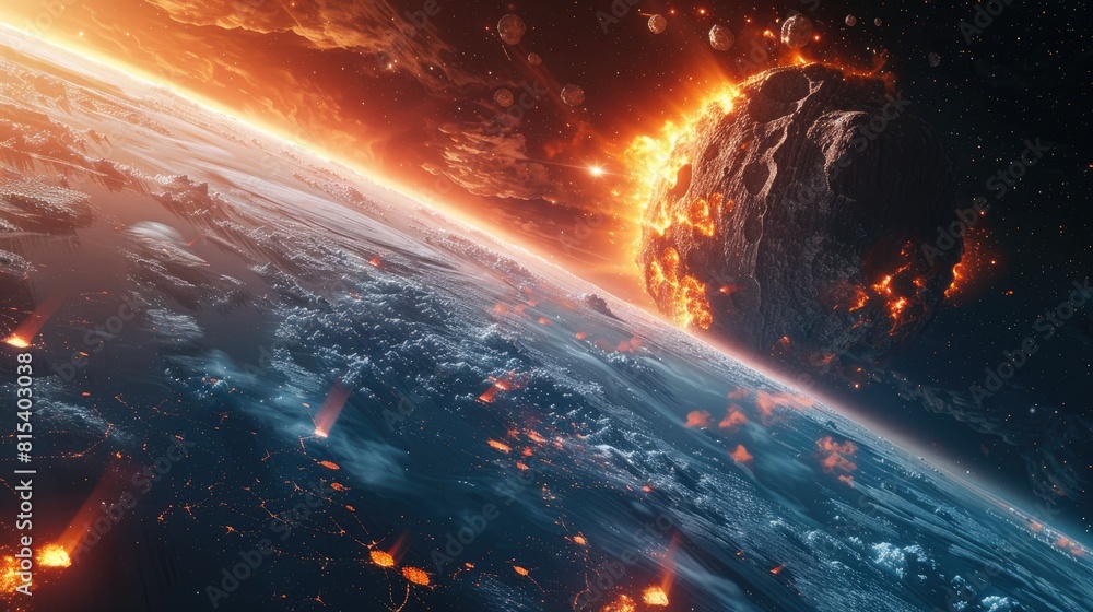 In a mesmerizing sci fi setting picture a backdrop filled with burning and exploding stars a fiery hell an asteroid crashing down and a horizon aglow with unearthly hues All set against the In a mesmerizing sci fi setting picture a backdrop filled with burning and exploding stars a fiery hell an asteroid crashing down and a horizon aglow with unearthly hues All set against the