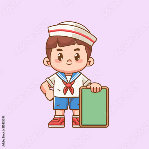 Cute boy wear sailor uniform hold blank space board for text kawaii chibi character mascot illustration