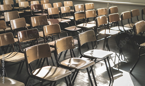Empty classroom with vintagetoned wooden chairs Back to school concept
