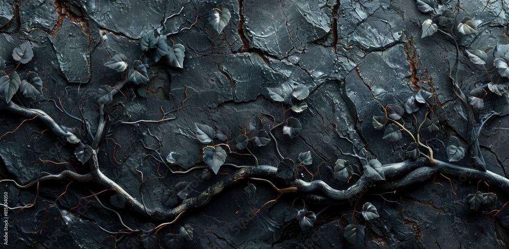 Dark black rock texture with dark vines and branches. Created with Ai