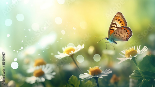 Beautiful Monarch butterfly feeding on flower in the morning of spring season. Nature concept with copy space and blurry background. © Nilla