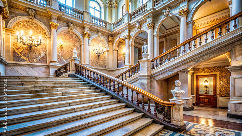 A breathtaking view of a marble staircase in a centuries-old palace, highlighting exquisite craftsmanship and classical beauty.