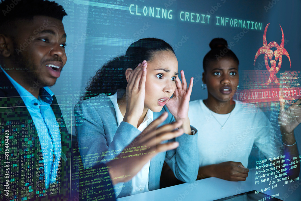 © peopleimages.com - Business people, hacking and hologram for virus icon with stress, programming and scam with toxic symbol in night. Group, wow and futuristic warning for trojan horse, financial crime and fraud on web