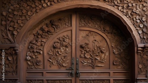 A stunning  intricately carved wooden door with delicate floral patterns and a rich  glossy finish.