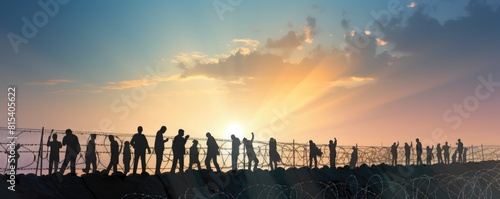 group of refugees behind a barbed wire fence during sunset, signaling the loss of freedom and hope