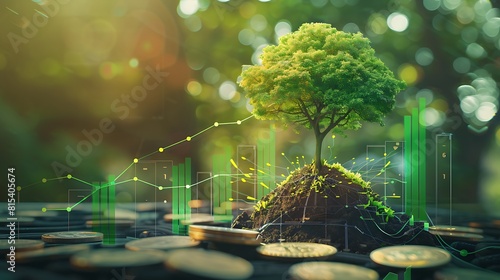 Green business growth. Finance for Sustainable Investments, ESG Funds or Sustainability Funds. Tree growing on pile of coins with graph and green globe8k --ar 16:9 --v 6.0 - Image #1 @nauman haider