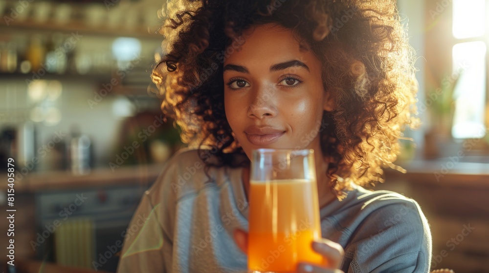 A young woman enjoys a fresh juice in a sunlit kitchen, her natural beauty and healthy lifestyle highlighted by the morning glow. A young woman enjoys a fresh juice in a sunlit kitchen, her natural beauty and healthy lifestyle highlighted by the morning glow.