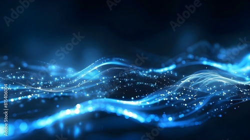 Neon glowing curves strewn with sparks in a dark space. Smooth waves of energy. Water spray on a dark background photo