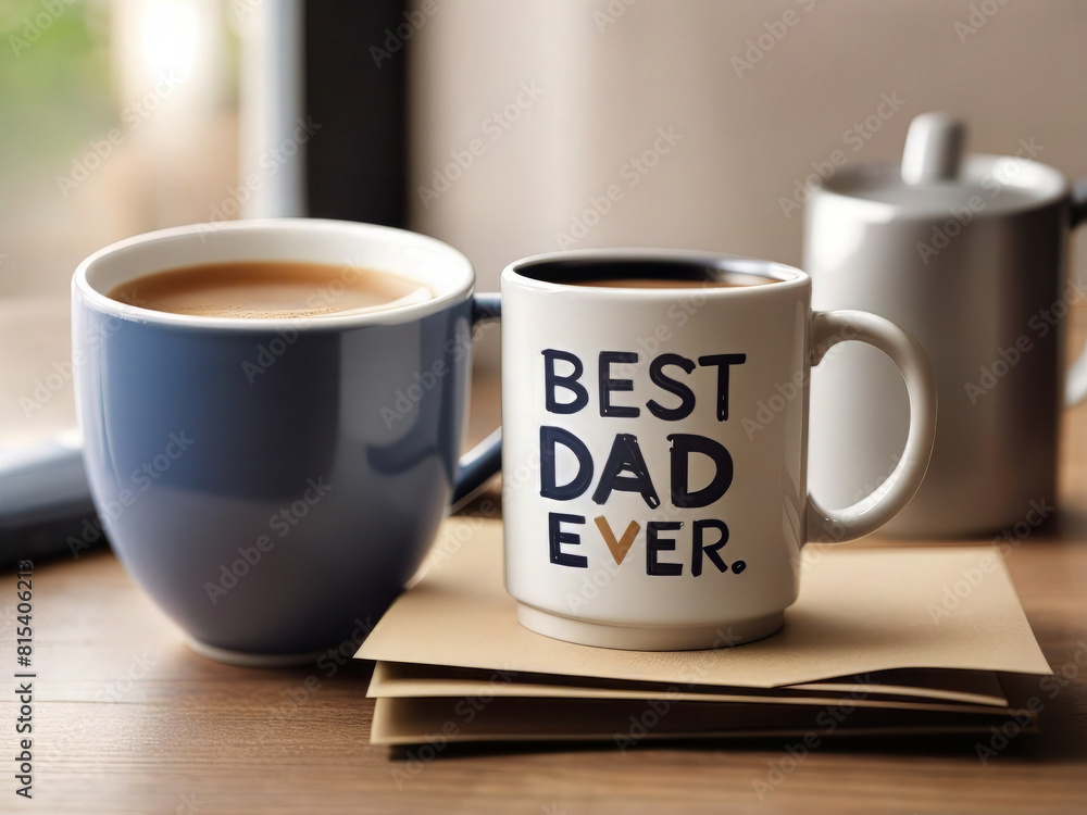 Happy Father's Day close-up of the Best Dad Ever greeting card and coffee mug on the table design. Happy Father's Day close-up of the Best Dad Ever greeting card and coffee mug on the table design.