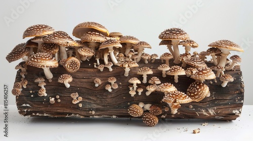 A shiitake mushroom log, with mushrooms growing out of it.