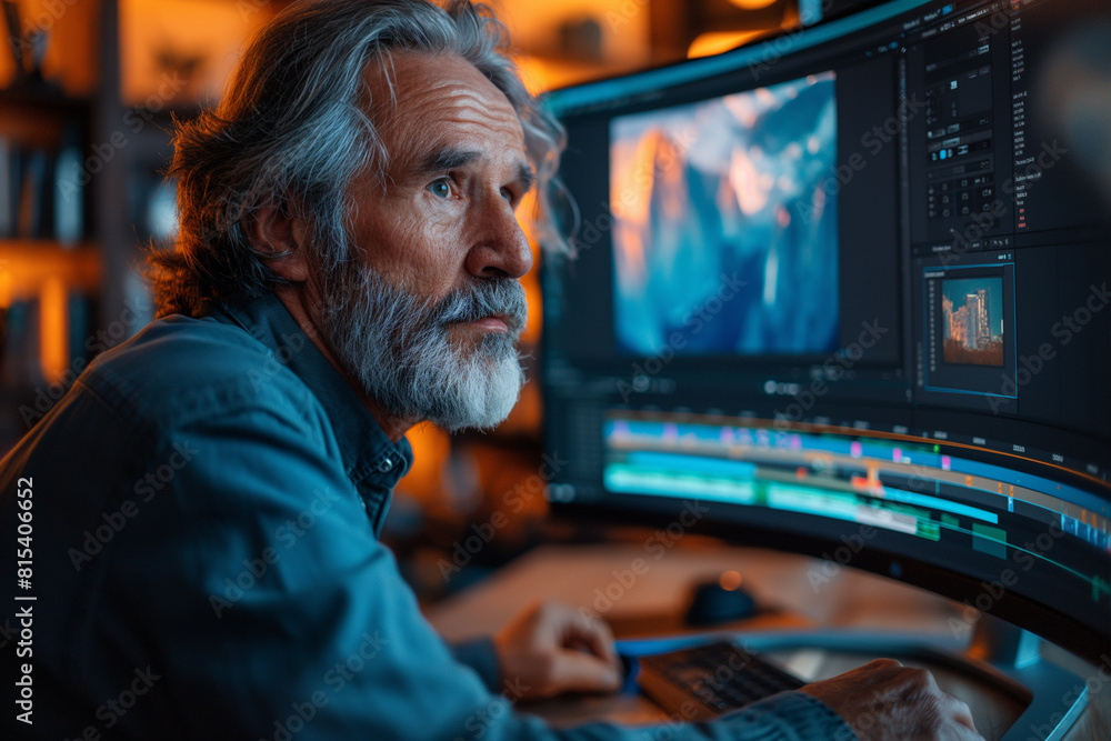 middle aged man sitting on desk with a large curved monitor displaying video editing middle aged man sitting on desk with a large curved monitor displaying video editing