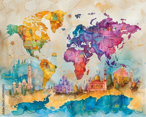 A watercolor map of the world with a twist, featuring colorful, whimsical elements and a creative background design Generative AI