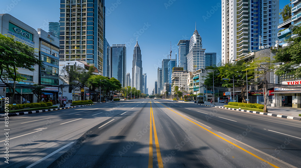 An empty, broad street, cityscape in the background with no people or vehicles. Skyscrapers tower under a clear blue sky An empty, broad street, cityscape in the background with no people or vehicles. Skyscrapers tower under a clear blue sky