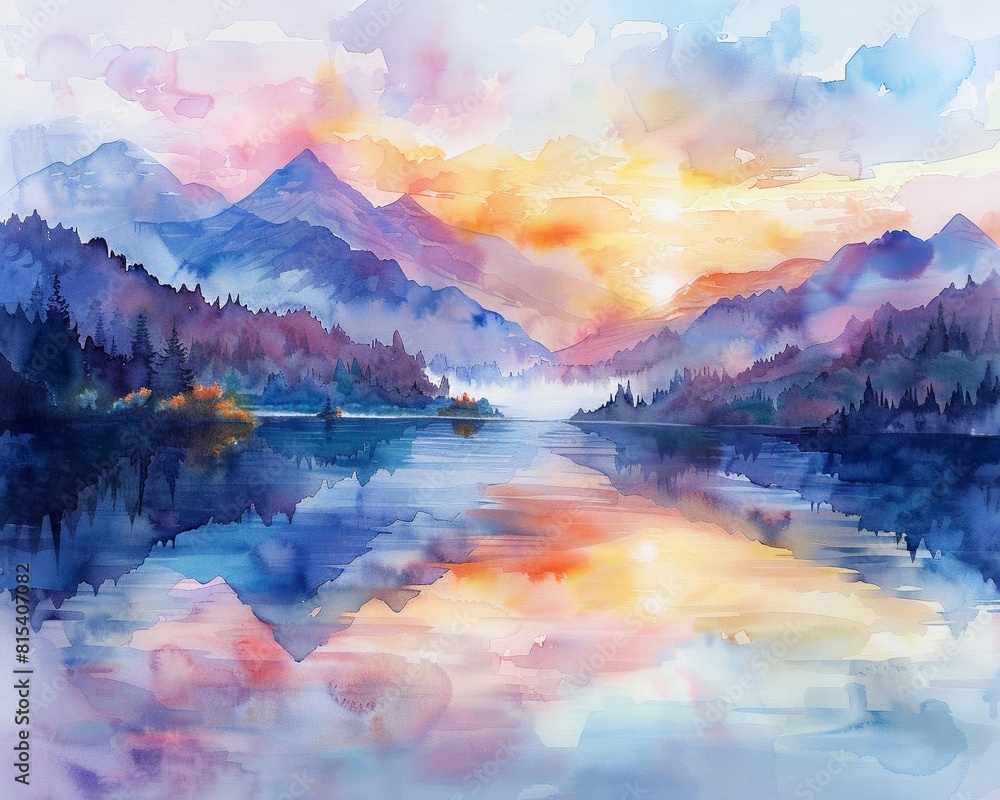 A watercolor painting of a mountain lake at sunrise, with colorful skies and peaceful nature elements in the background Generative AI