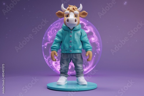 Enchanting cow in teal, gray pants, on a purple backdrop, clay matte finish, hyper detailed render. photo